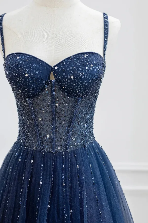 Blue Spaghetti Strap Tulle Sequins Long Prom Dress, Beautiful A Line Evening Party Dress APP0920