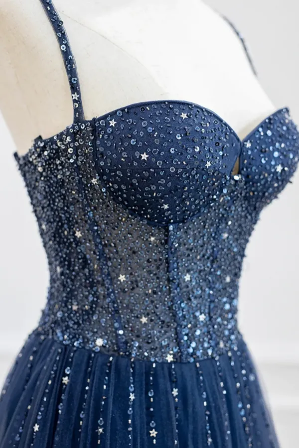 Blue Spaghetti Strap Tulle Sequins Long Prom Dress, Beautiful A Line Evening Party Dress APP0920