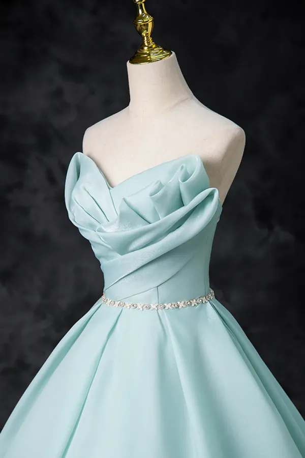 Blue Tulle Floor Length Party Dress, A Line Strapless Formal Evening Dress APP0925