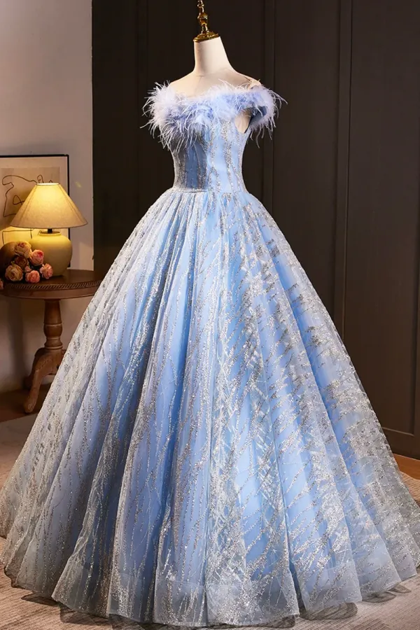 Blue Tulle Sequins Long A Line Prom Dress with Feather, Off the Shoulder Evening Party Dress APP0978