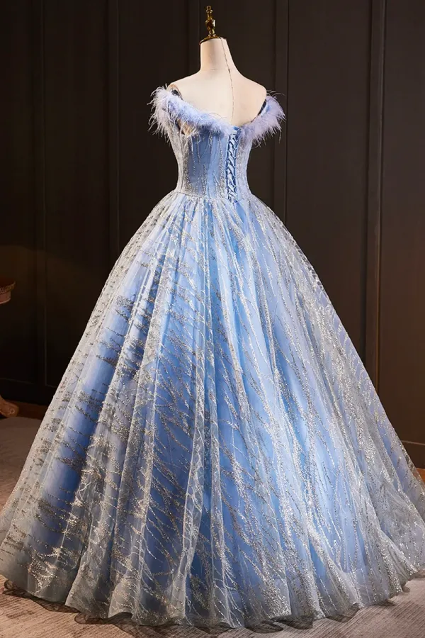 Blue Tulle Sequins Long A Line Prom Dress with Feather, Off the Shoulder Evening Party Dress APP0978