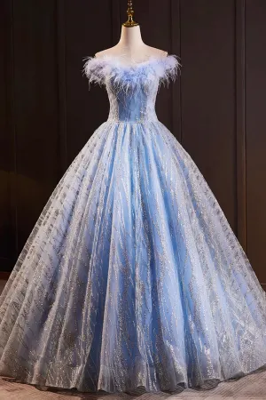 Blue Tulle Sequins Long A Line Prom Dress with Feather, Off the Shoulder Evening Party Dress APP0978