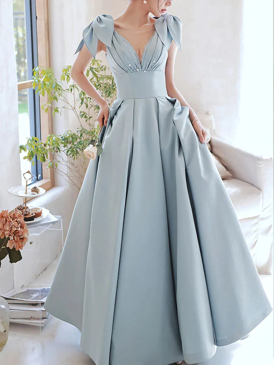 blue v neck satin beads long prom dress, blue evening dress     fg2249