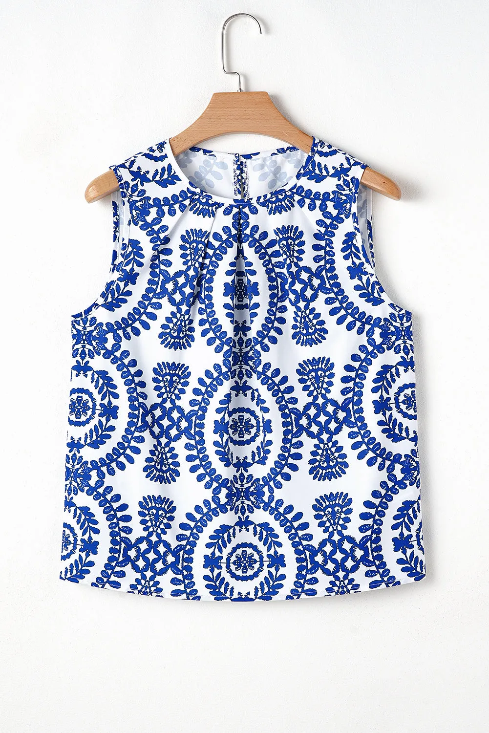 Blue Vintage Print Pintuck Crew Neck Tank Top