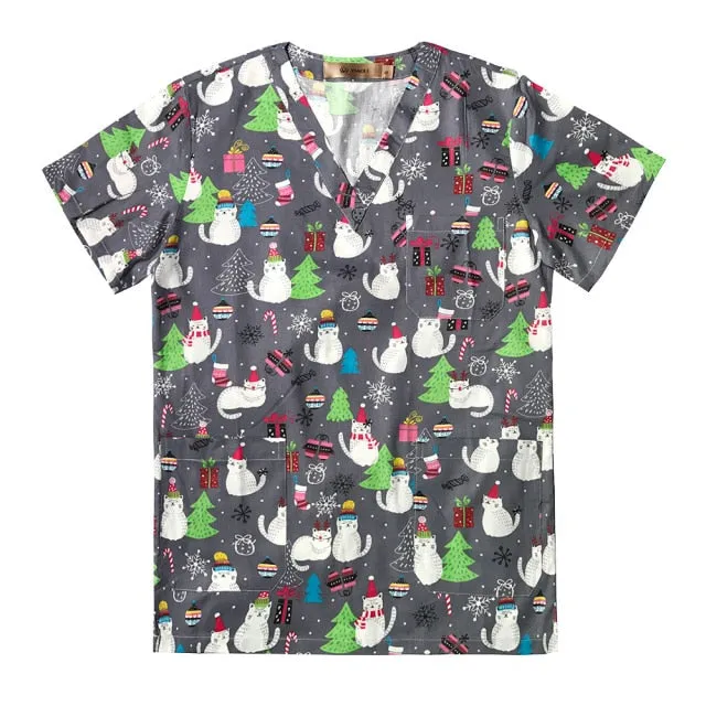 Breathable Cartoon Print Surgical V-Neck Nursing Scrub Tops - Unisex