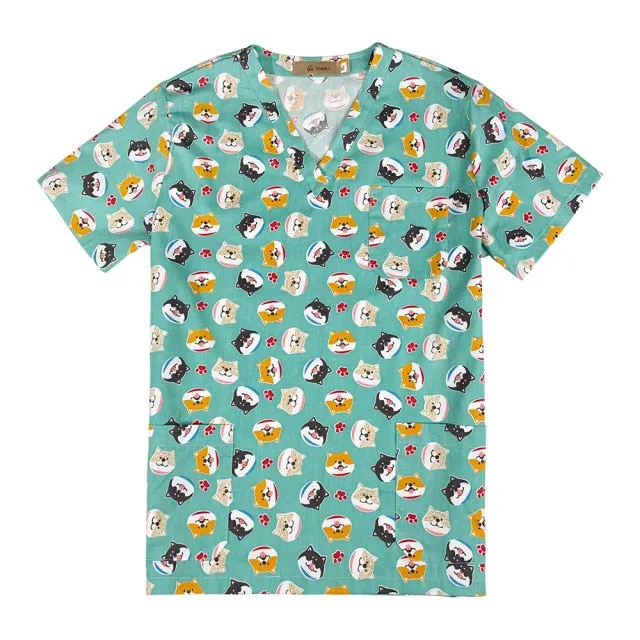 Breathable Cartoon Print Surgical V-Neck Nursing Scrub Tops - Unisex