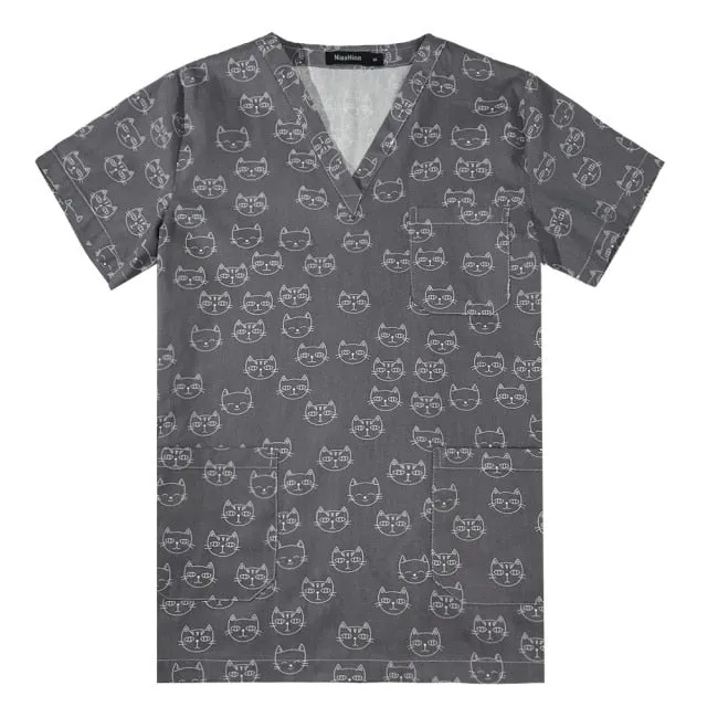 Breathable Cartoon Print Surgical V-Neck Nursing Scrub Tops - Unisex