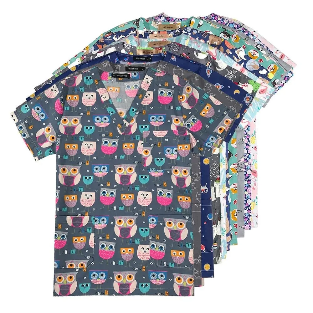 Breathable Cartoon Print Surgical V-Neck Nursing Scrub Tops - Unisex