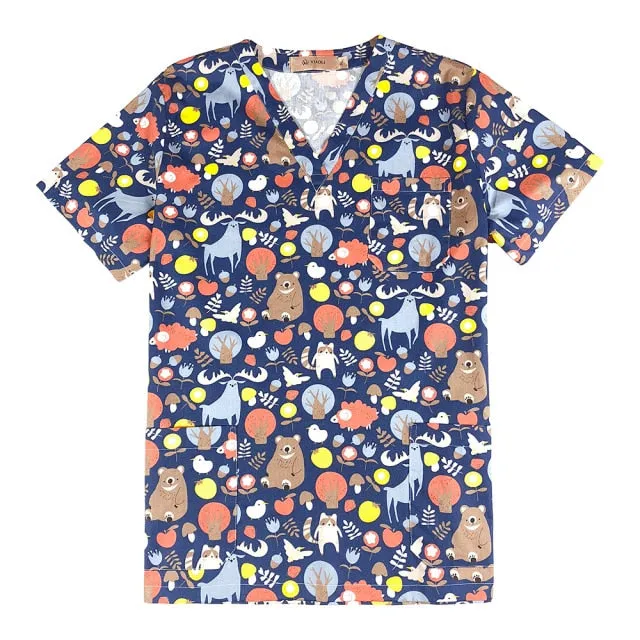 Breathable Cartoon Print Surgical V-Neck Nursing Scrub Tops - Unisex