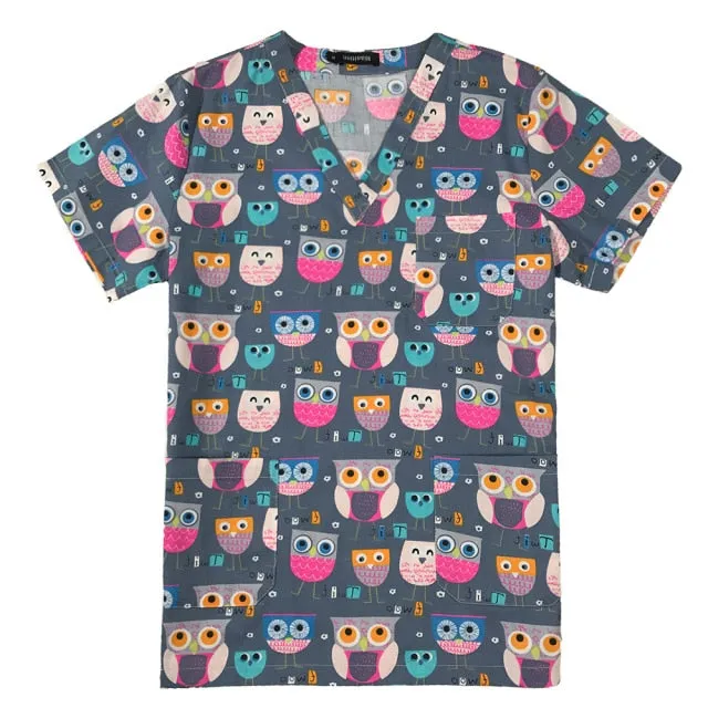 Breathable Cartoon Print Surgical V-Neck Nursing Scrub Tops - Unisex