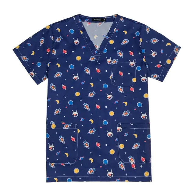 Breathable Cartoon Print Surgical V-Neck Nursing Scrub Tops - Unisex