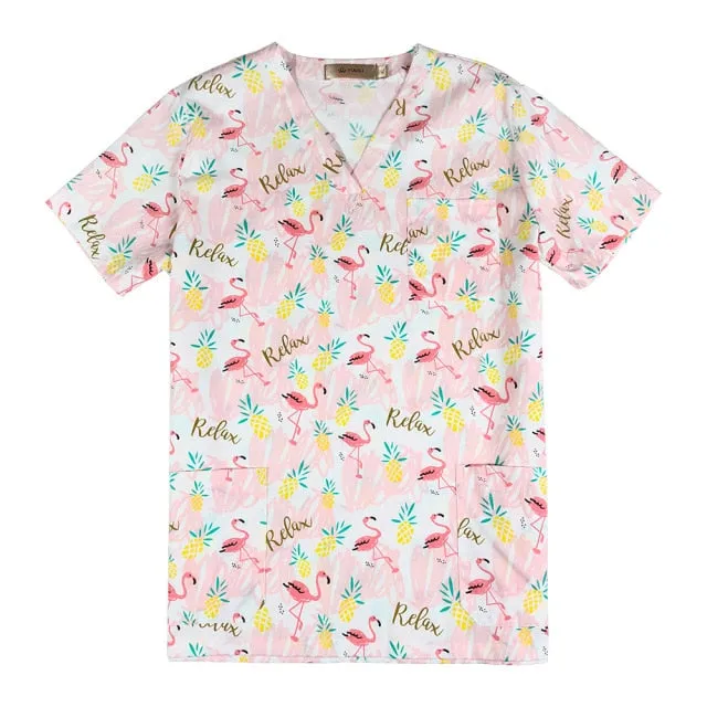 Breathable Cartoon Print Surgical V-Neck Nursing Scrub Tops - Unisex