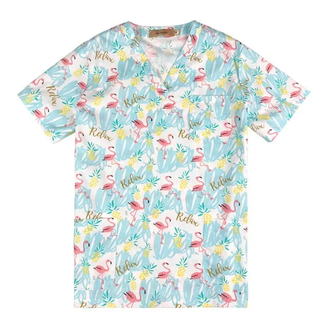 Breathable Cartoon Print Surgical V-Neck Nursing Scrub Tops - Unisex