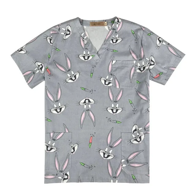 Breathable Cartoon Print Surgical V-Neck Nursing Scrub Tops - Unisex