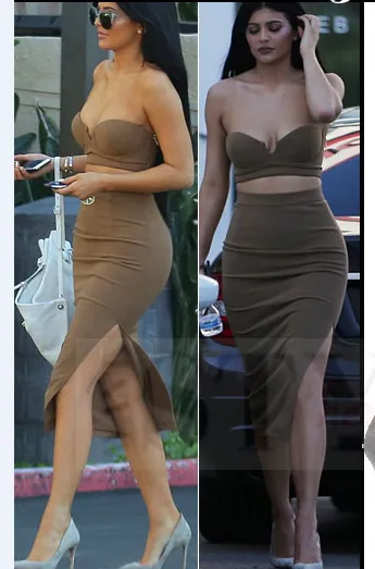 Brown Kylie Jenner Bodycon Two Piece Dress Slit Prom Celebrity Formal Evening Dress For Sale