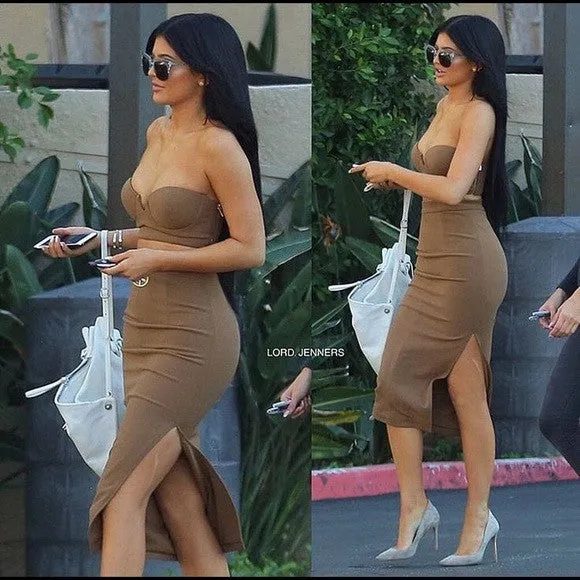 Brown Kylie Jenner Bodycon Two Piece Dress Slit Prom Celebrity Formal Evening Dress For Sale