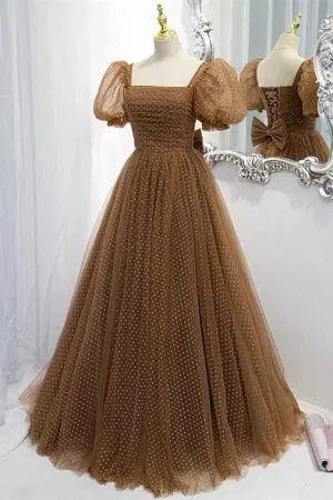 Brown Short Sleeve Long Formal Dress with White Dots
