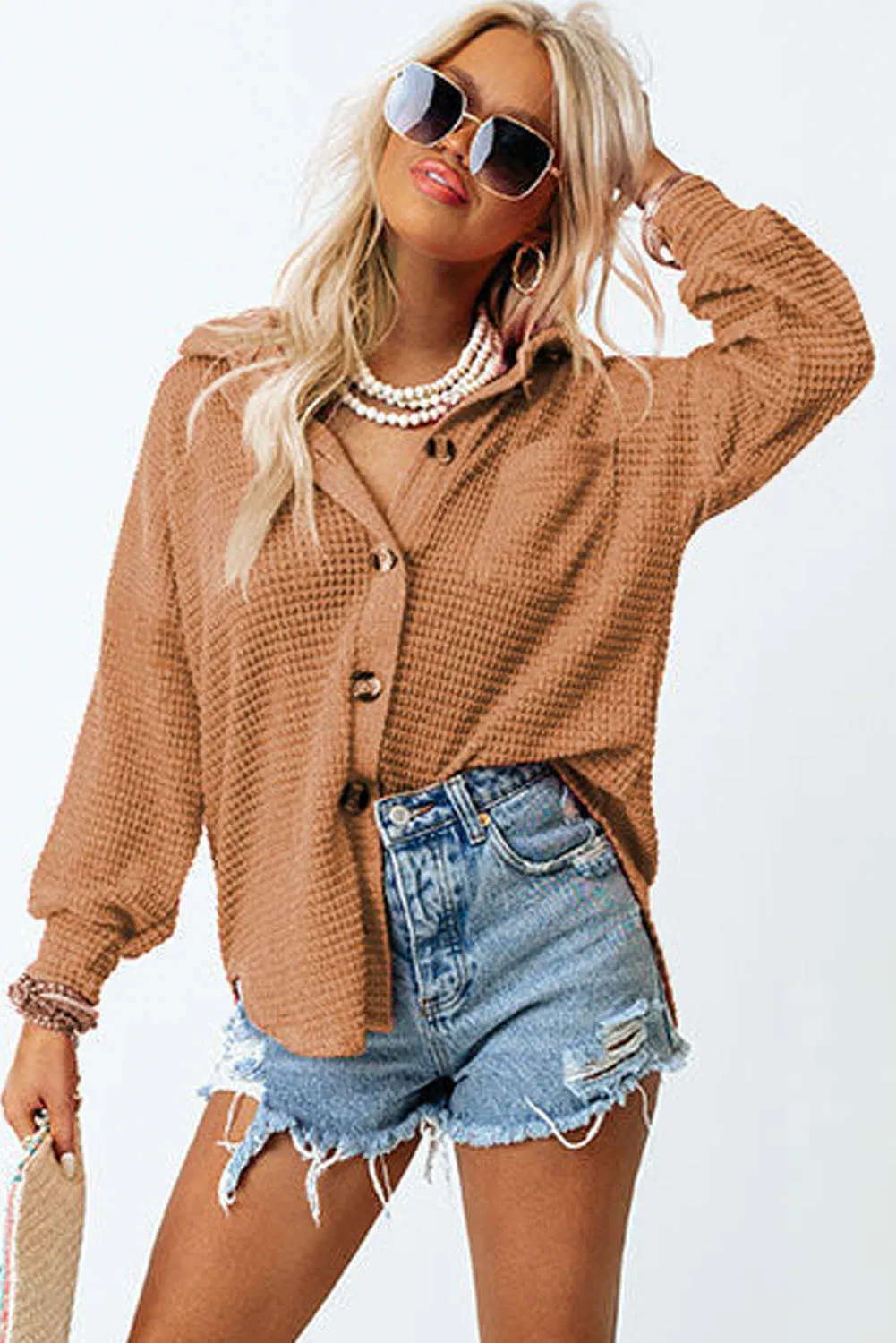 Brown Waffle Knit Button Up Casual Shirt