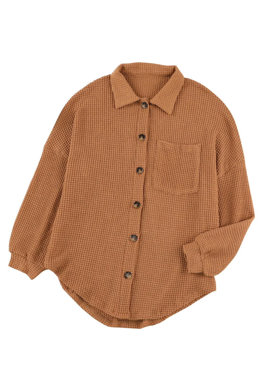 Brown Waffle Knit Button Up Casual Shirt