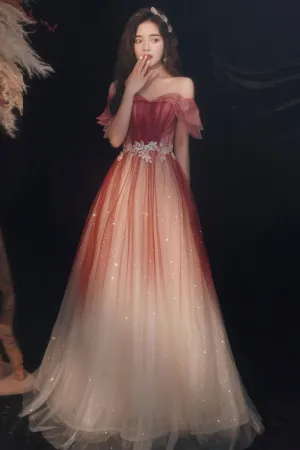 Burgundy Gradient Tulle Long A Line Prom Dress, Off the Shoulder Evening Party Dress APP0781