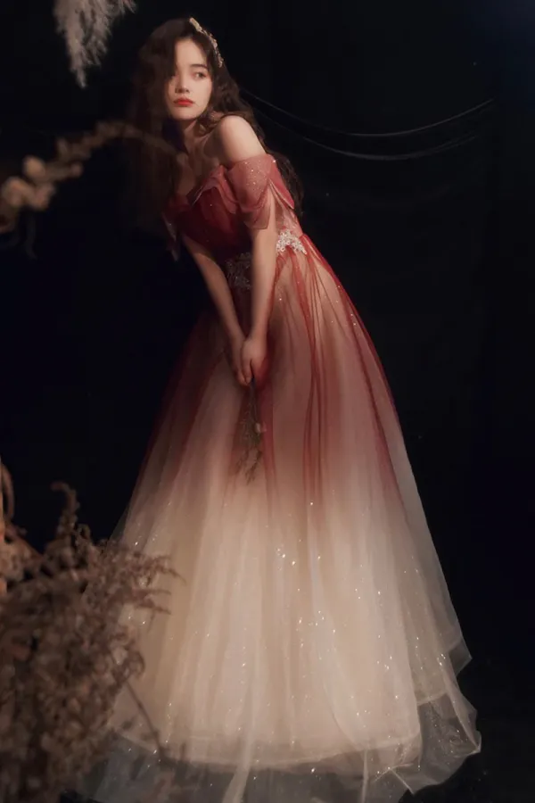 Burgundy Gradient Tulle Long A Line Prom Dress, Off the Shoulder Evening Party Dress APP0781
