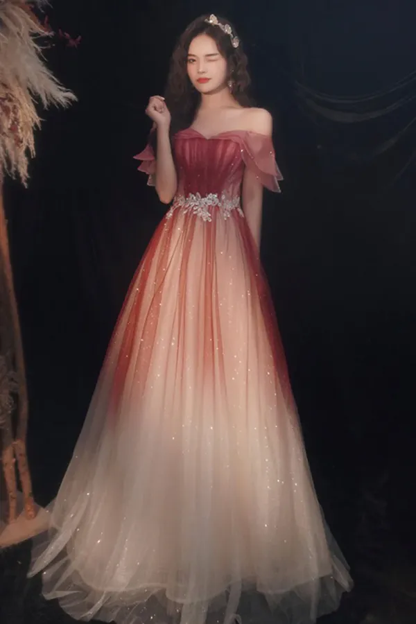Burgundy Gradient Tulle Long A Line Prom Dress, Off the Shoulder Evening Party Dress APP0781