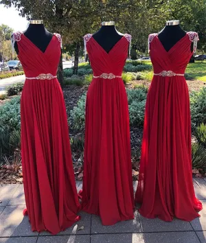 Burgundy v neck chiffon long prom dress, burgundy evening dress