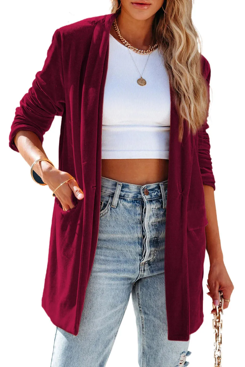 Casual Pocketed Velvet Blazer