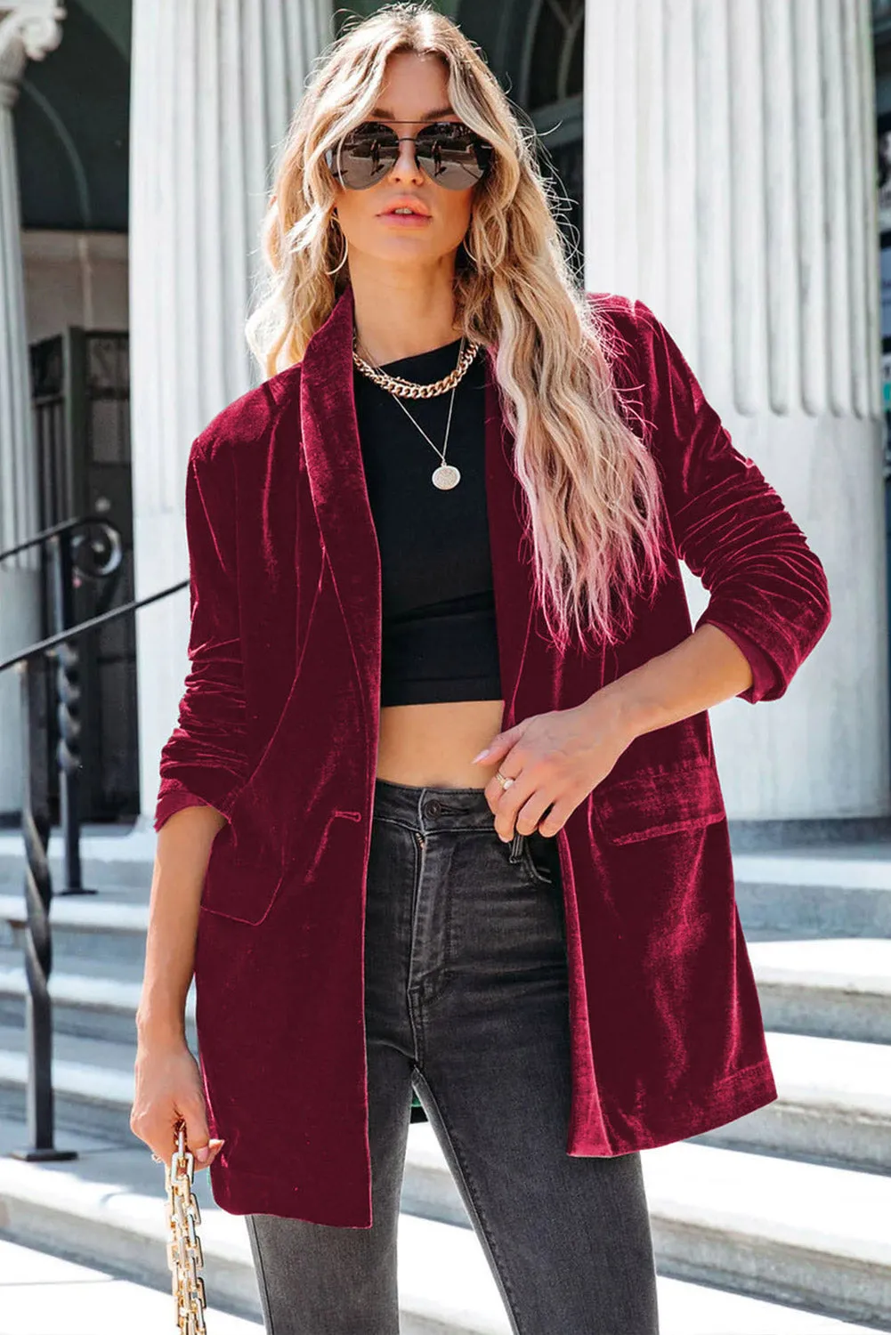Casual Pocketed Velvet Blazer