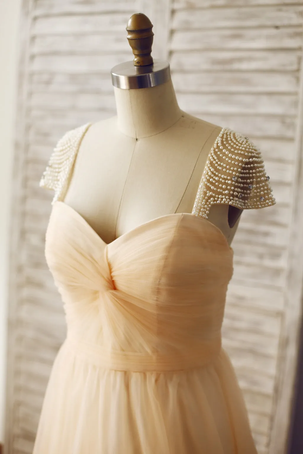 Champagne Cap Sleeves Tulle Prom Gown, Prom Dress , Wedding Party Dress