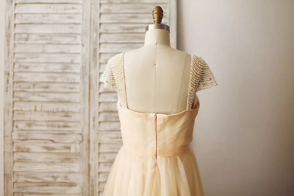 Champagne Cap Sleeves Tulle Prom Gown, Prom Dress , Wedding Party Dress