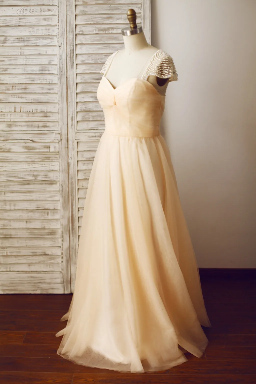 Champagne Cap Sleeves Tulle Prom Gown, Prom Dress , Wedding Party Dress