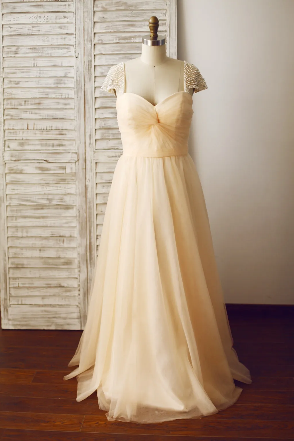 Champagne Cap Sleeves Tulle Prom Gown, Prom Dress , Wedding Party Dress