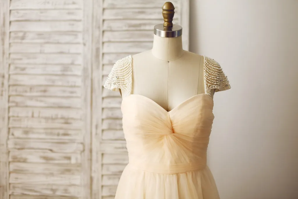 Champagne Cap Sleeves Tulle Prom Gown, Prom Dress , Wedding Party Dress