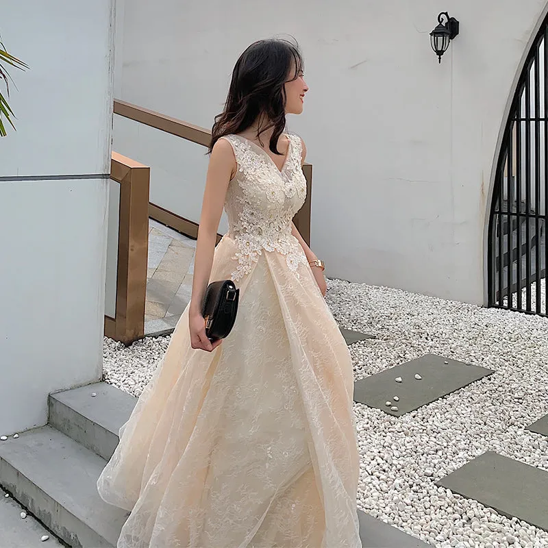 Champagne Lace V-neckline Tulle Long Evening Dress Prom Dress, A-line Lace Formal Dresses