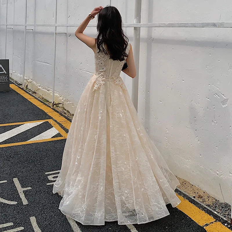 Champagne Lace V-neckline Tulle Long Evening Dress Prom Dress, A-line Lace Formal Dresses