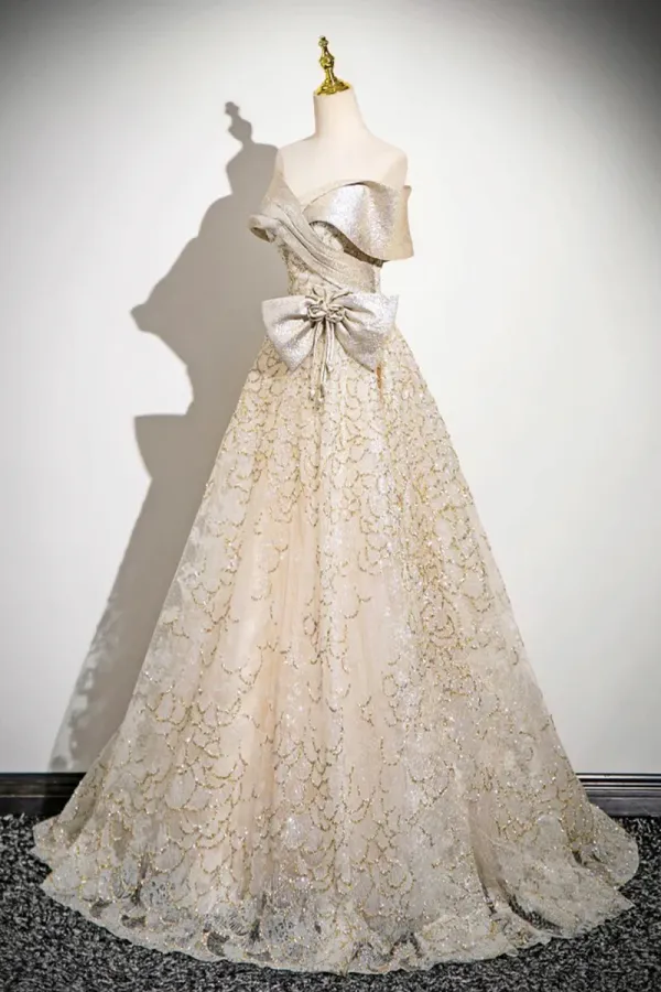 Champagne Tulle Sequins Long Prom Dress, Off the Shoulder Evening Party Dress APP1107
