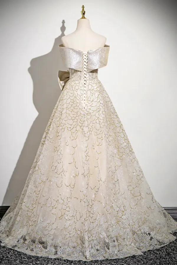 Champagne Tulle Sequins Long Prom Dress, Off the Shoulder Evening Party Dress APP1107