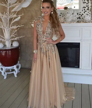 Champagne v neck chiffon applique long prom dress, champagne evening dress