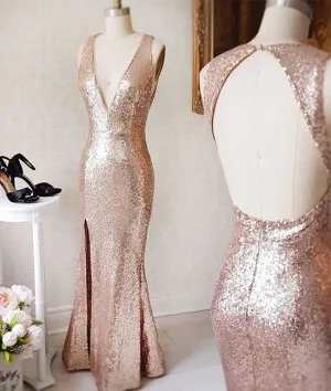 Champagne v neck sequin open back long prom dress