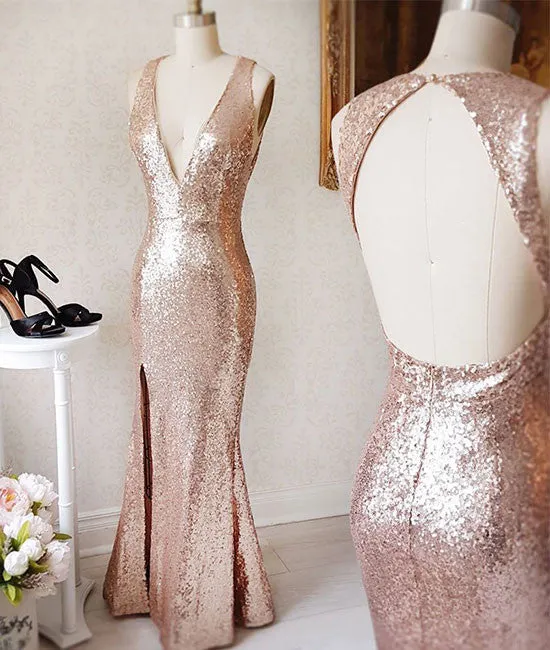 Champagne v neck sequin open back long prom dress