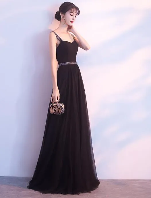 Charming Black Straps Long Tulle Party Dress, Handmade Formal Dress