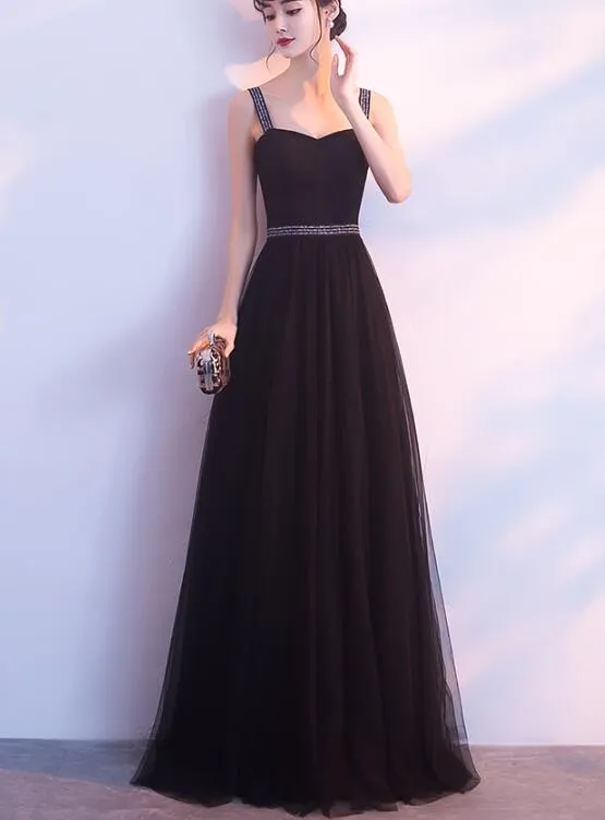 Charming Black Straps Long Tulle Party Dress, Handmade Formal Dress