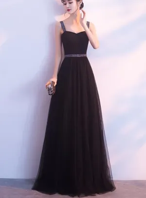 Charming Black Straps Long Tulle Party Dress, Handmade Formal Dress
