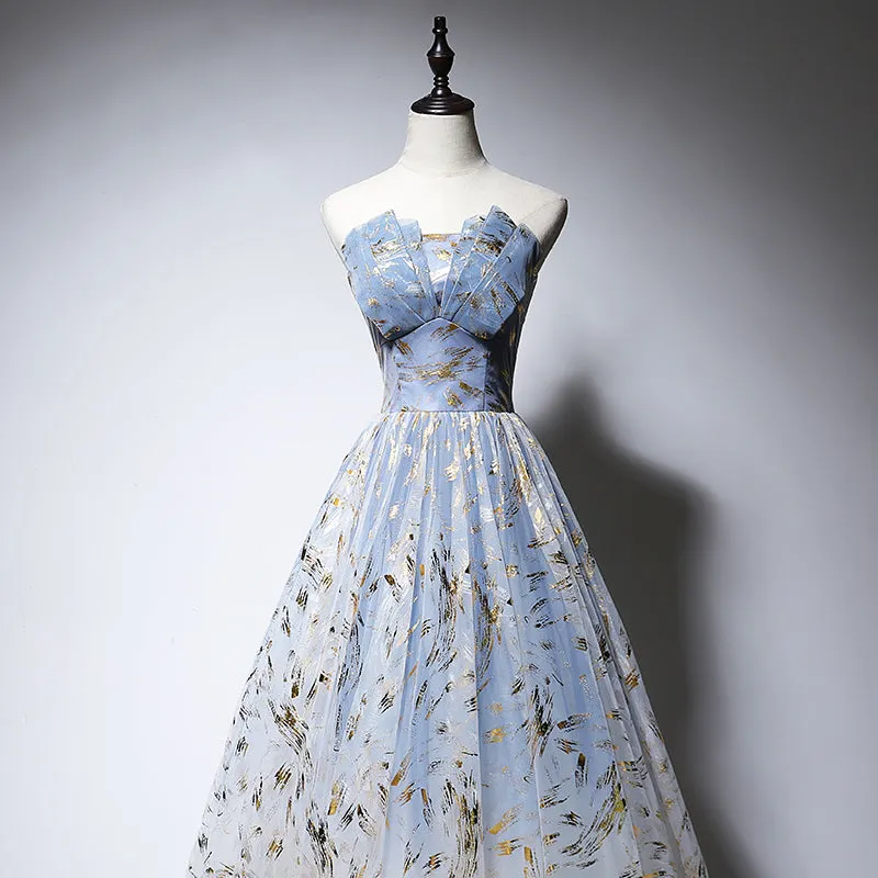 Charming Blue Tulle Long A-line Prom Dress, Handmade Formal Gown