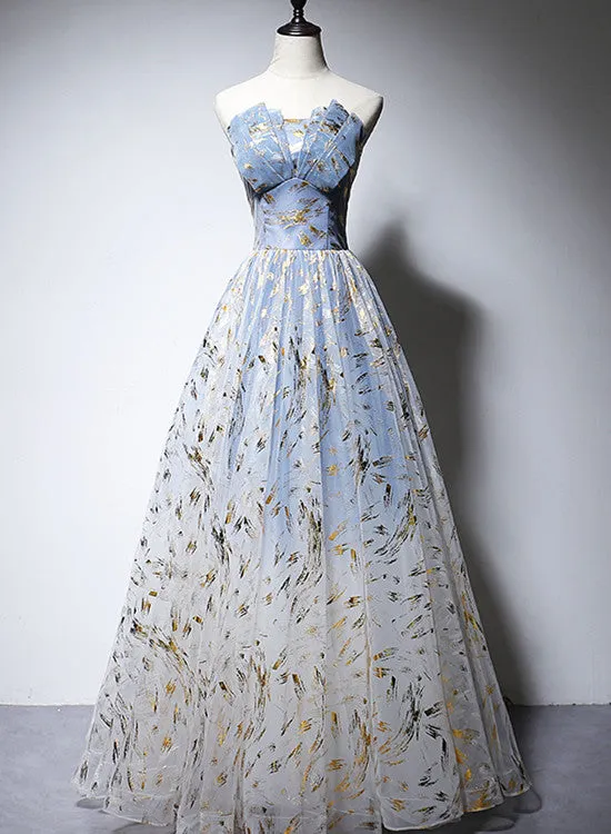 Charming Blue Tulle Long A-line Prom Dress, Handmade Formal Gown