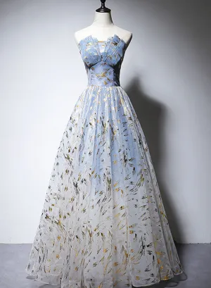 Charming Blue Tulle Long A-line Prom Dress, Handmade Formal Gown