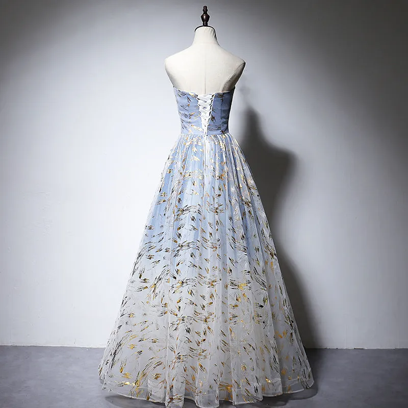 Charming Blue Tulle Long A-line Prom Dress, Handmade Formal Gown