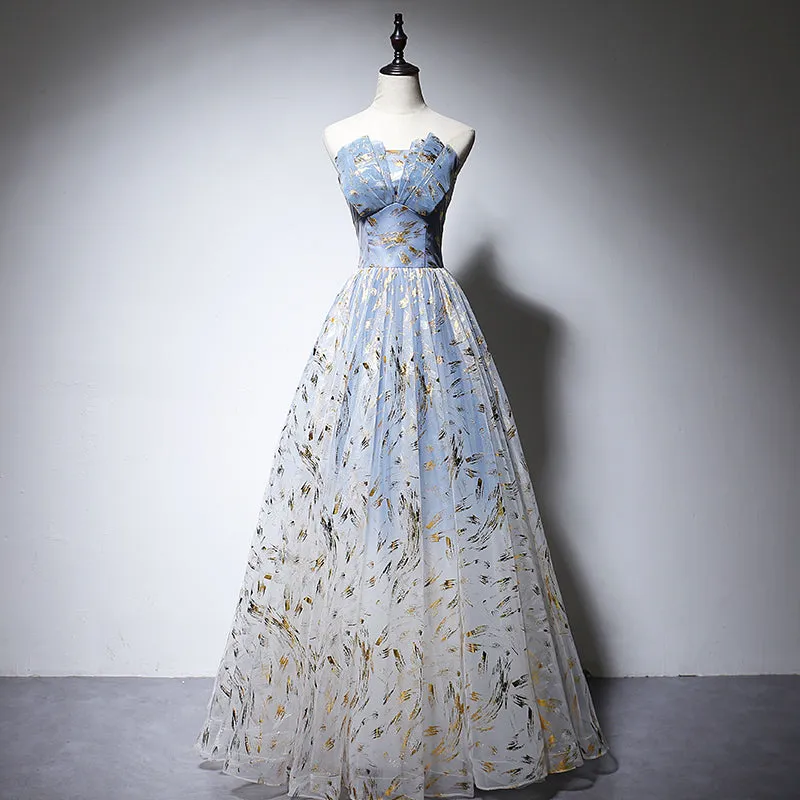 Charming Blue Tulle Long A-line Prom Dress, Handmade Formal Gown