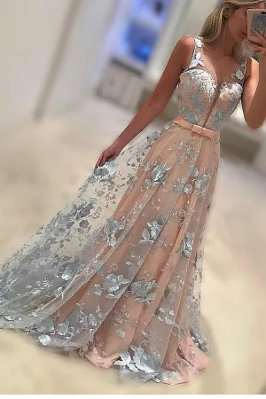 Charming Flower Lace Sleeveless A Line Long Prom Dress,Formal Evening Gown OK394